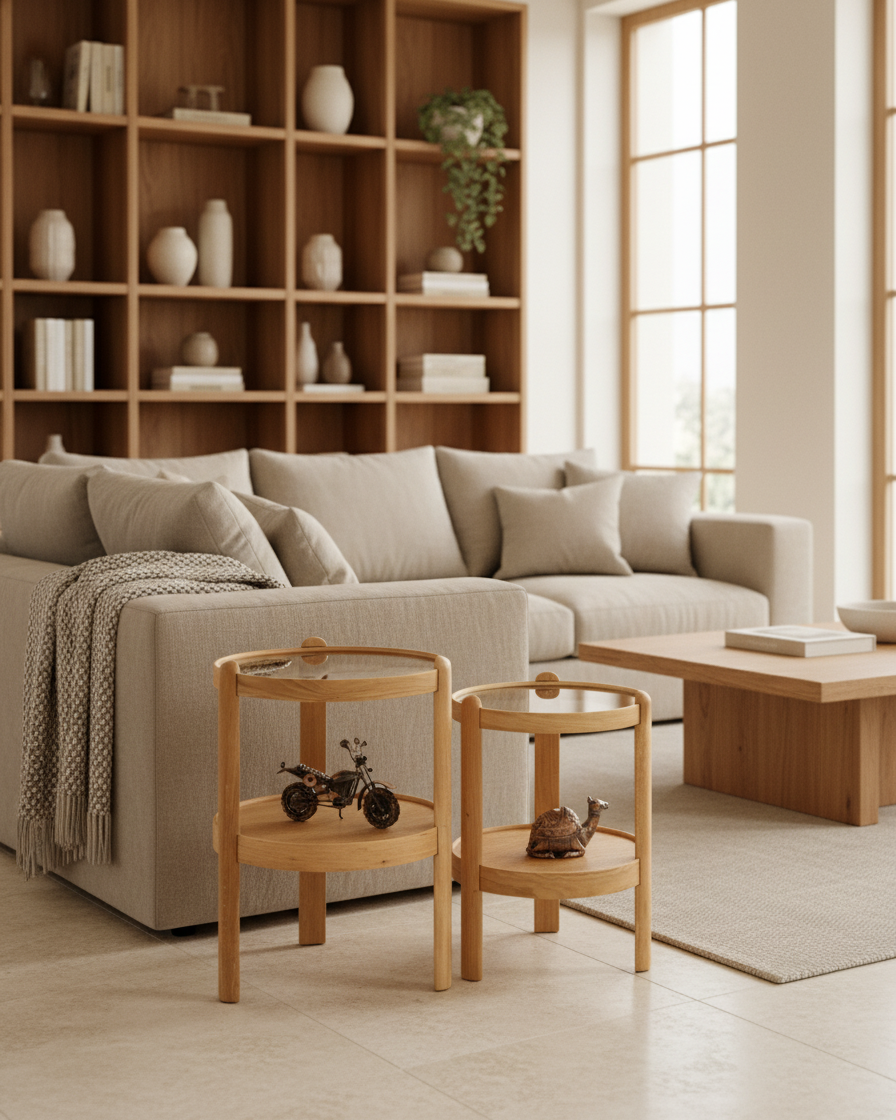 Zigon sehpalar koltuk yanında uyumlu renklerle